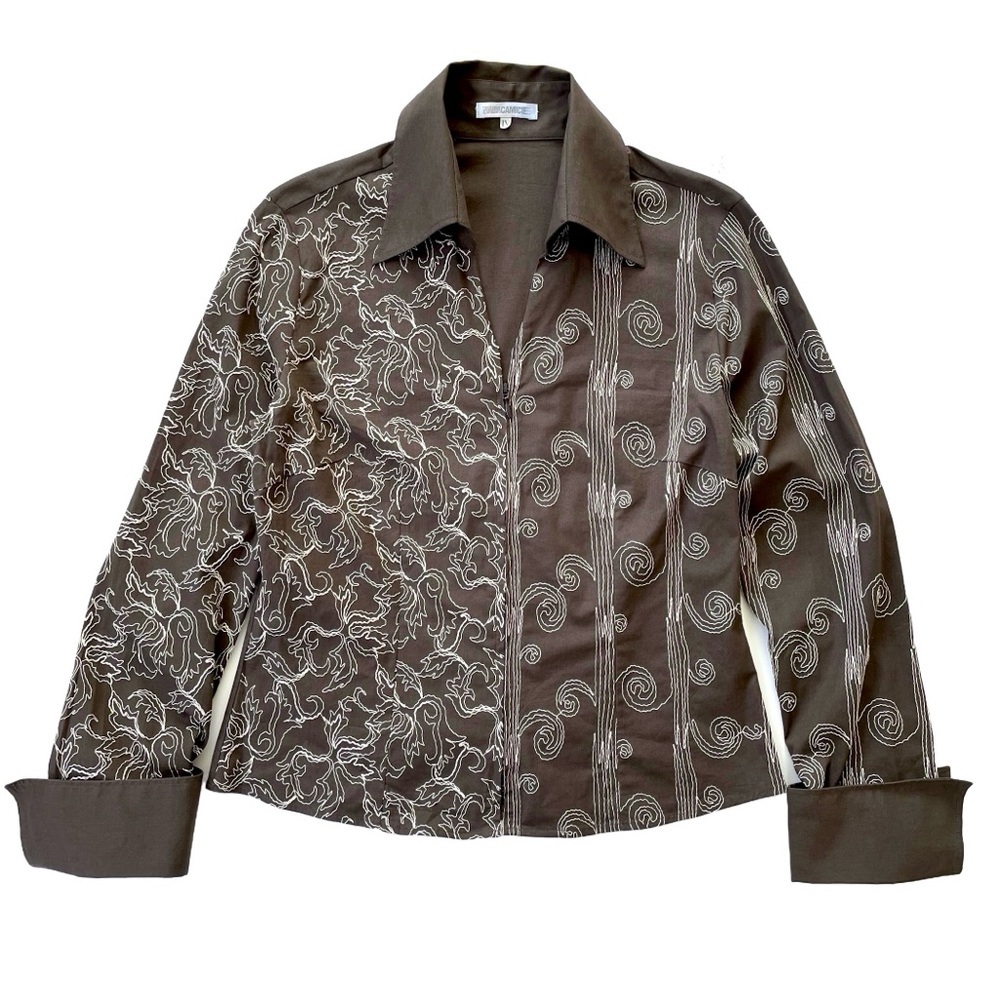 Naracamicie Embroidered Zip-Front Shirt, Dark Brown, Made in Romania, Size IV